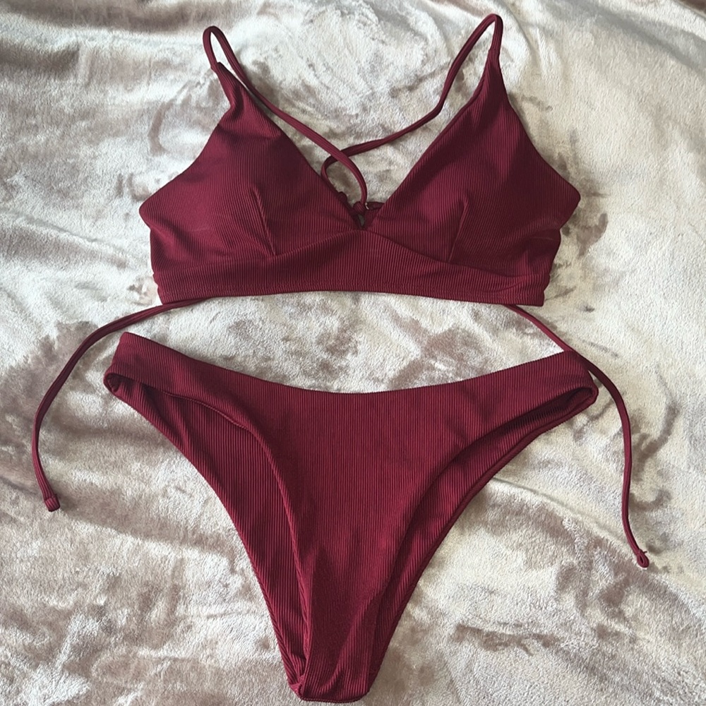 Zaful Maroon Ribbed Criss Cross Back Bikini Size L